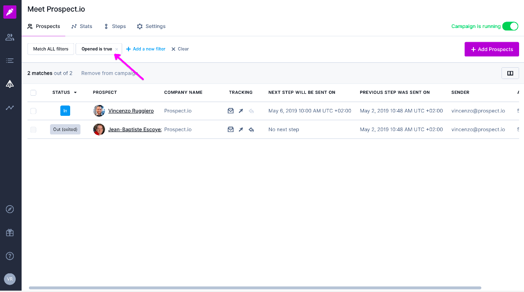 Click on Your Stats to See the Associated Prospects in Overloop sales automation & cold emailing software